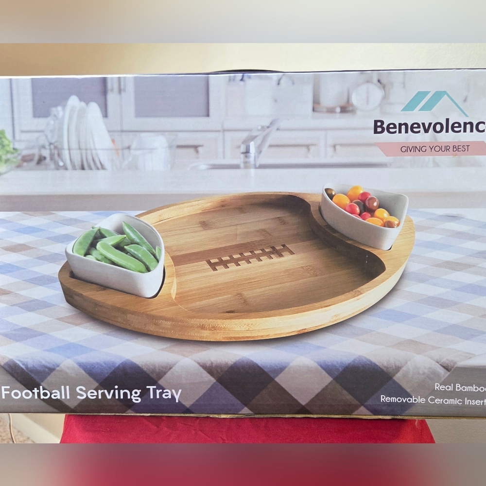 Football Bamboo Cheese Board with Ceramic Inserts